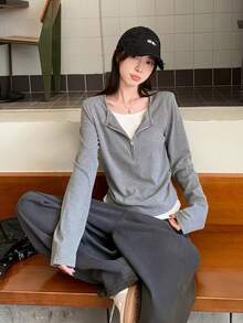 Women's 2 In 1 Striped Zipper Long Sleeve T-Shirt, Slim Fit Inner Layer Top, Autumn - Grey - View 6