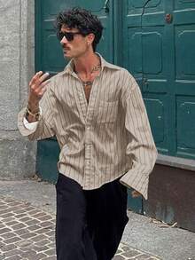 Camisa de manga larga con rayas finas para hombre, estilo casual y de moda adecuado para primavera y otoño - Caqui - Ver 1
