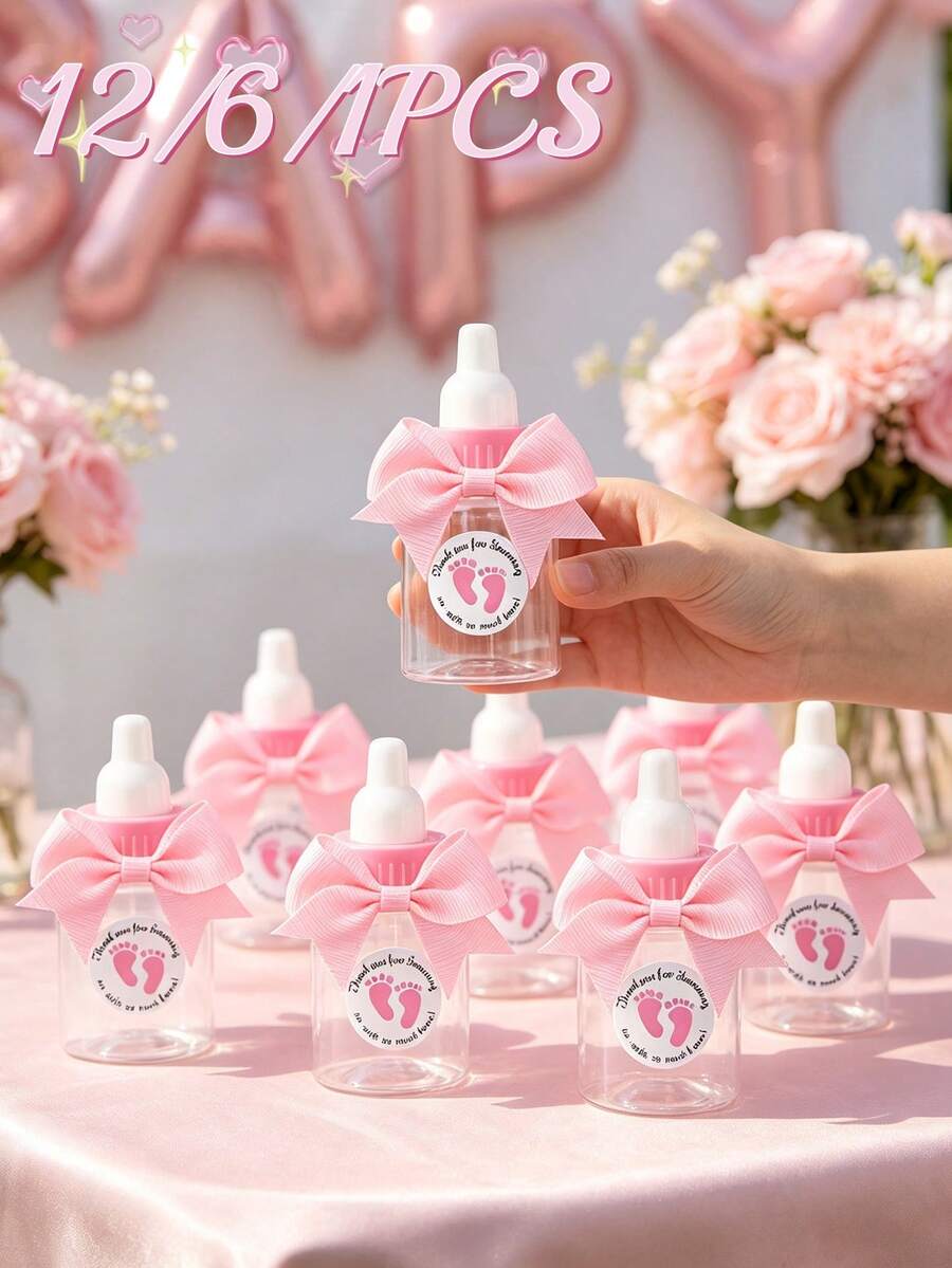 12/6/1 Set - 3.5 Inch Mini Pink Cute Bow Baby Bottle Style Plastic Box, Suitable For Baby Shower Party Decoration, With Pink Footprint Thank You Sticker And Pink Bow Plastic Bottle Style Storage Box Gift Box, Baby Shower Gift, Suitable For Baby Boy And Girl Baby Shower Party Centerpiece Decoration, Gender Reveal Party Tabletop Decoration Small Gift, Return Gift For Guests (Pink) - Pink - View 1
