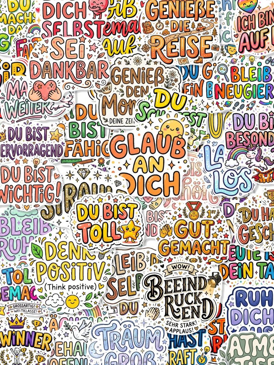 50Pcs German Positive Quote Vinyl Stickers, Colorful Handlettered Motivational Phrase Rainbow Sun Cloud Decals, Inspirational Waterproof Stickers For Vision Board, Journal, Laptop, Tablet & Scrapbook Crafts - Multicolor - View 1