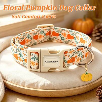 Collar para perro con estampado floral de calabaza de otoño y dije de calabaza, collar ajustable y cómodo para cachorro, accesorio para mascota con temática de otoño, adecuado para Acción de Gracias / Halloween / Festival de la Cosecha