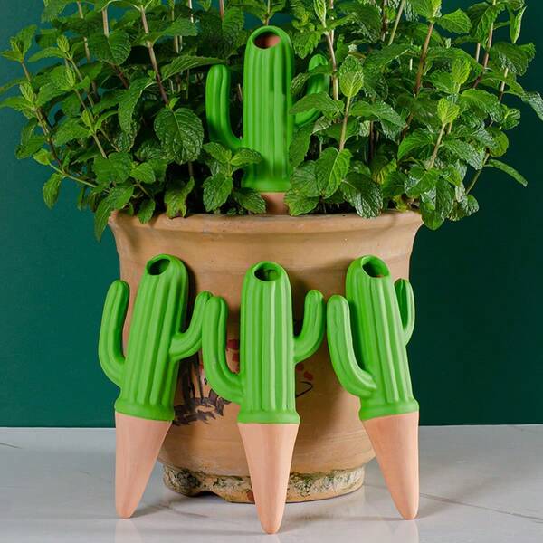 4pcs Creative Red Ceramic Cactus Watering Drip Irrigator, Red Clay Slouchy Watering Device, Outdoor Garden Decor