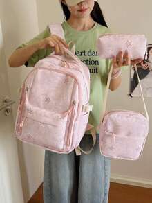 3pcs Pink Nylon Casual Minimalist Star Pattern All-Over Print Comfortable Shoulder Strap Zipper Closure Multi-Pocket Large Capacity Foldable With Crossbody Strap Pencil Case Backpack Set, Suitable For Spring/Summer Hot-Selling Style, Ideal For Students, School, Commuting, Outdoor Travel, Back-To-School Gift, Can Hold Books, Pencil Case, Notebooks - Pink - View 10
