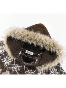 Fair Isle 針織連帽開襟衫，毛領雙向拉鍊毛衣，適合晚間約會、度假、日常穿著，秋冬款 - 咖啡棕 - 查看 2