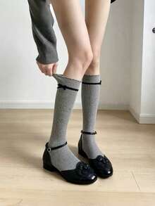 Spring/Summer Sweet Lace Bow Long Tube Slouch Socks, Versatile Solid Color Socks For Home And JK Style - Multicolor - View 1