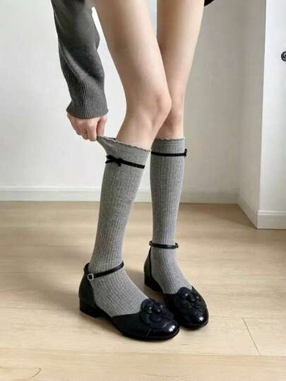 Spring/Summer Sweet Lace Bow Long Tube Slouch Socks, Versatile Solid Color Socks For Home And JK Style