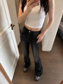 YEAE | 女款黑色喇叭牛仔褲，休閒長款無彈力丹寧褲，附鈕扣口袋與拉鍊細節，適合春秋 - 黑色 - 查看 3