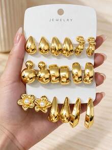 9 pares de pendientes vintage de tono dorado, set de 3 piezas para mujer, diseño de aro texturizado, ligeros, hipoalergénicos y versátiles, ideales para citas, fiestas y regalo de cumpleaños - Dorado - Ver 7