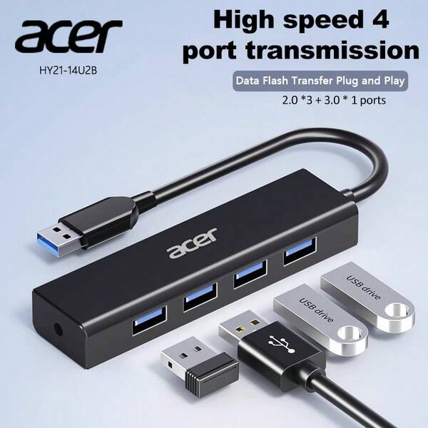 Acer 4-In-1 USB 2.0/3.0 Hub, 4 USB Data Ports, 15cm/100cm Cable Length, Compatible With Laptop, PC, Desktop Computer And Other Devices, Docking Station HY21-14U2B