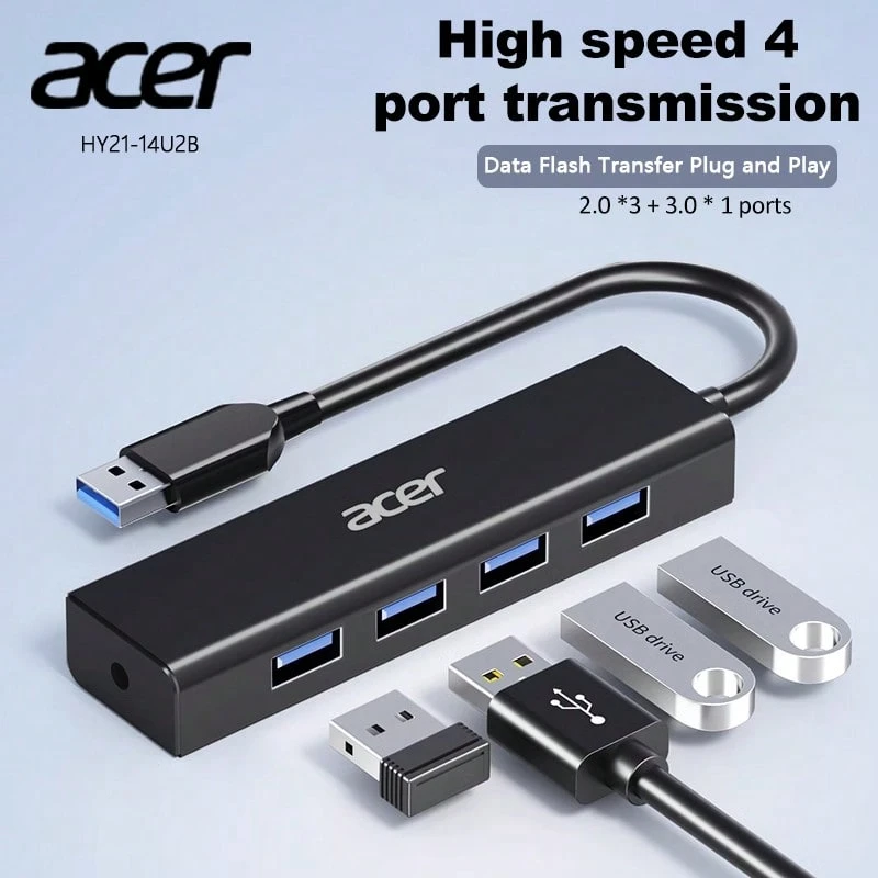 Acer 4合1 USB 2.0/3.0 集線器，4個USB數據連接埠，15cm/100cm線長，相容於筆記型電腦、PC、桌上型電腦及其他設備，擴充底座 HY21-14U2B - 黑色 - 查看 1