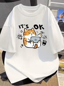 Breathable Cotton Short Sleeve Tee - Men's Casual Loose Fit T-Shirt with Cute Cat Print for Summer - Weiss - Übersicht 2
