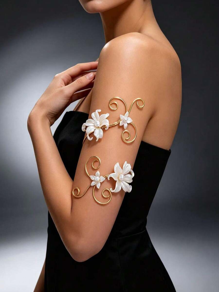 1pc Exaggerated European & American Women's Open Pearl Petal Arm Cuff - Multicolor - View 1