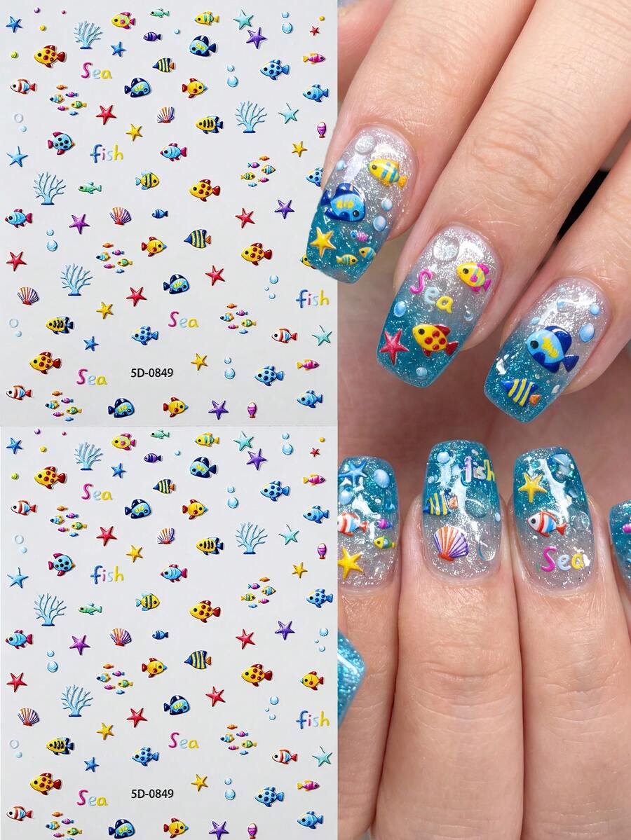 2Pcs 5D Aquarium Ocean Fish Nail Stickers, Colorful Tropical Fish Starfish Coral Bubble Underwater Sea Self-Adhesive Nail Decals, Kawaii Manicure Decoration For Summer Beach Salon Nail Art