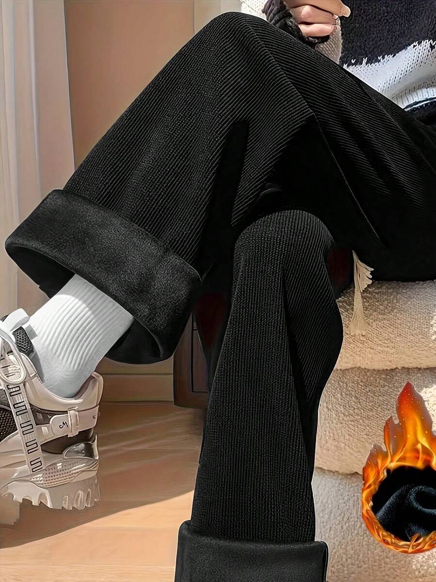 Calça Longa de Veludo Cotelê Preta com Cordão para Mulheres, Calça de ...