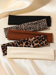5PCS Vintage Leopard Print + Solid Color Wide Headbands, American Street Style Hot Girl Commute, Yoga Versatile Hair Accessories - Multicolor - View 2