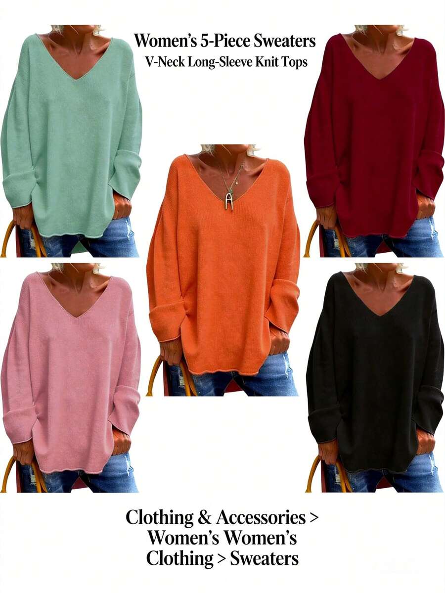 5pcs V-Neck Knit Tops With Front Short Back Long Hem And Side Slit, Spring Autumn Winter