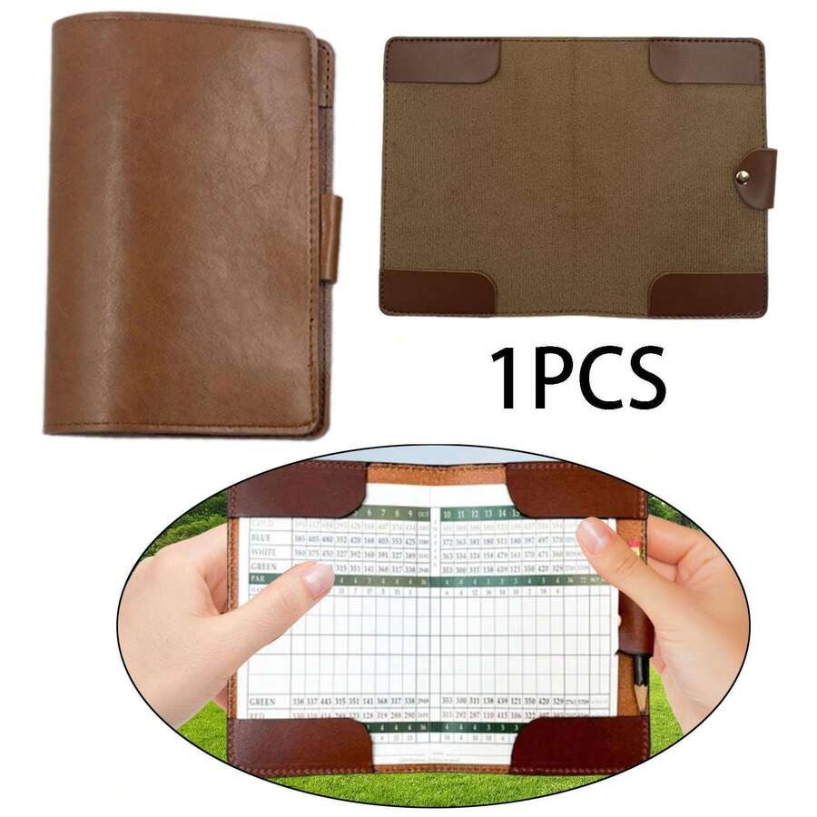 Premium PU Leather Golf Scorebook; Golf Course Scorecard - Brown - View 1