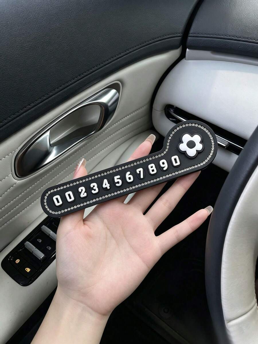 1pc Creative Rhinestone Car Parking Sign, Temporary Parking Phone Number Plate With Rhinestones, DIY Ornament, Musical Note Cartoon Temporary Parking Phone Number Plate, Black And White Floral Punctuation Parking Card Phone Number Plate - A - View 1