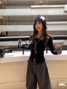Women's Early Spring Striped Patchwork Slim Fit Cardigan Top, Collared Long Sleeve T-Shirt - Black - View 3