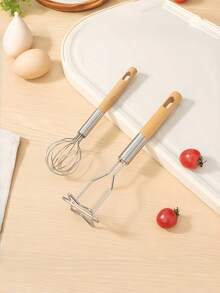 1pc/2pcs Kitchen Cream Whisk Flour Mixer Multi-Functional Wooden Handle Masher Baking Tool Set - Multicolor - View 4