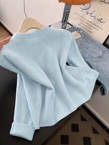 Women's Mint Green Knitted Wool Cardigan, Comfortable And Warm, Long Sleeve Ribbed Knit Top, Round Neck Button Front, Winter Essential Fall - Baby Blue - View 7