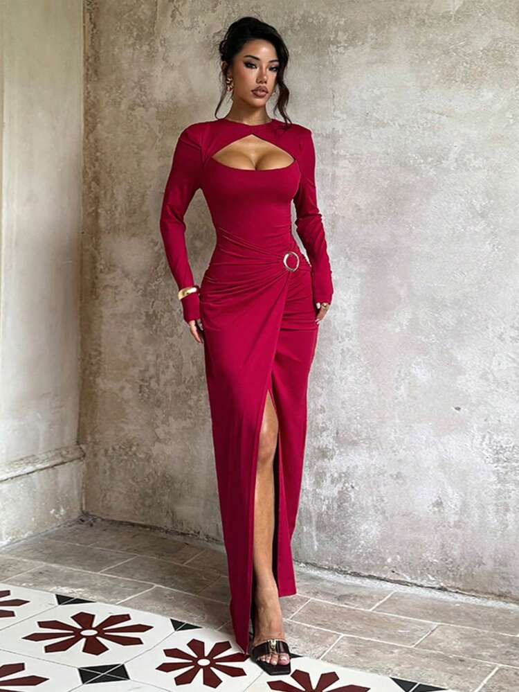 1pc Solid Color Elegant Knit Fabric Sleeveless Dress For Vacation Autumn - Burgundy - View 4