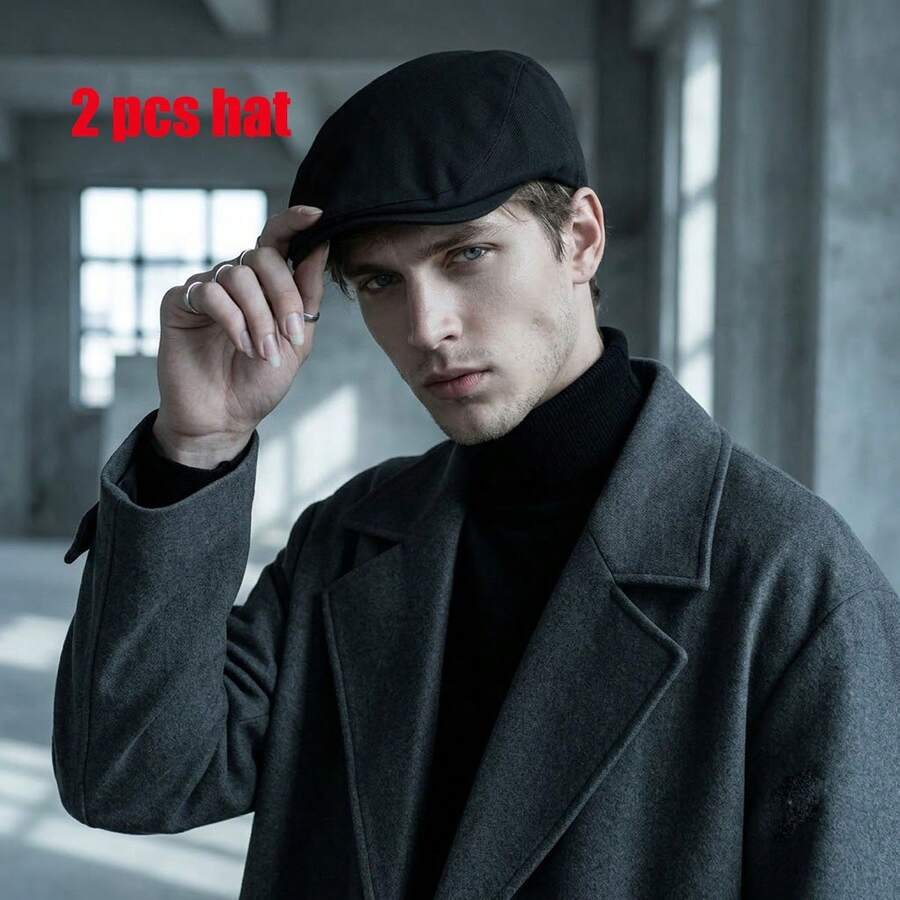 2 Pcs Vintage Black Flat Cap Men Women Retro British Style Newsboy Hat Dark Academia Aesthetic Woolen Ivy Cap Casual Smart Beret Hat - LFY - View 1