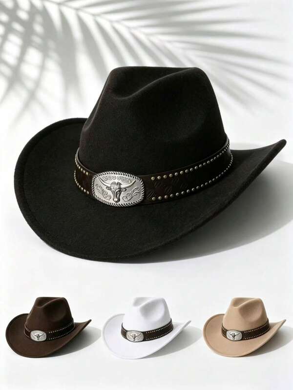 Mũ cowboy nỉ phong cách Western unisex, đai da đính đinh tán kèm huy hiệu đầu bò, mũ vành rộng nhiều màu cho lễ hội, du lịch và cắm trại