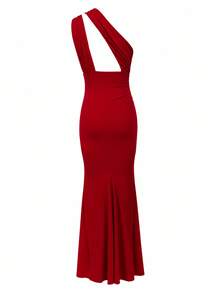 Elegant Red Mermaid Knit Long Formal Dress, Sleeveless Pleated High Slit Design, Suitable For Prom Or Special Occasions. Wedding Party Fall - Red - View 6