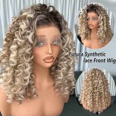 Kanekalon Futura Gold Gradient 13x6 Synthetic Fiber Lace Front Wig For Women, 16 Inch Wavy Water Ripple, Glueless Heat-Resistant Synthetic Hair, Middle Part, 150% Density, Natural Hairline, Suitable For Party And Vacation, Halloween