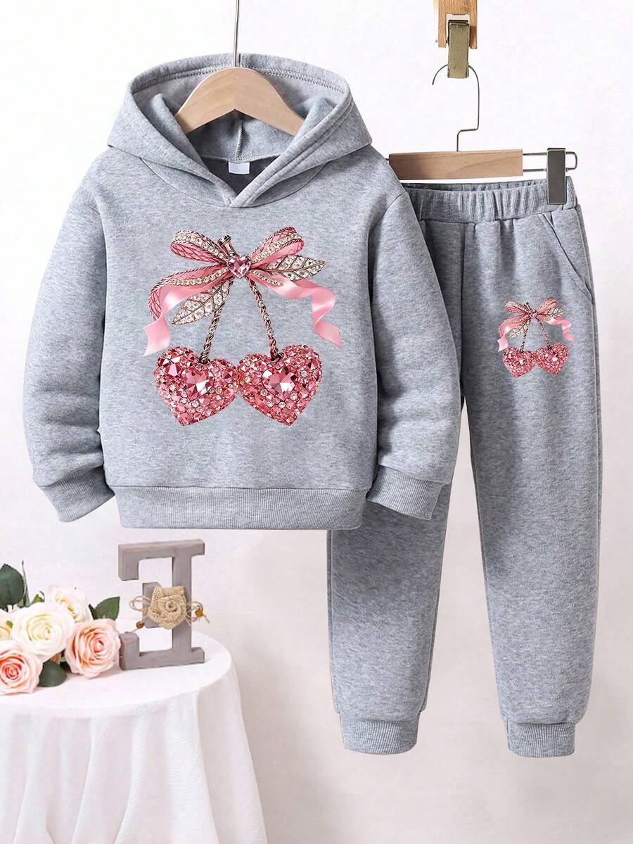 Tween Girl Bow Pattern Warm Hoodie And Sweatpants Casual Set - Grey - View 1