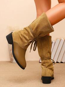 Loose Ruched Mid-Calf Boots With Adjustable Lace-Up Thick Heel, Round Toe Non-Slip Western Daily Women's Boots - Camel - View 6