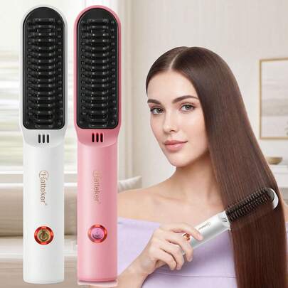 Hatteker 1 pieza Cepillo alisador y rizador de cabello recargable por USB, plancha rizadora inalámbrica, peine de cabello portátil multifunción mini para mujeres