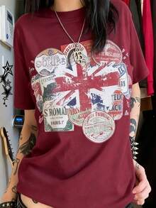 Vintage Union Jack Stamp Collage Oversized Tee, 100% Cotton Breathable, Street Style Casual Wear, Great Gift For Travel & Retro Fashion Lovers - 酒紅色 - 查看 7
