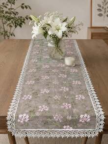 1pc Pink Pattern Embroidered Tablecloth, Lace Trim Decoration, Polyester Fabric, Embroidered Floral Pattern Tablecloth, Rectangular Square Tablecloth, Suitable For Dining Room Living Room Tabletop Decoration - White - View 3