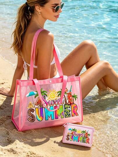Mesh Tote Bag Set, Printed With Colorful "Sweet Summer" And Sun Hat, Drink, Sun, Coconut Tree Patterns, Mesh Makeup Bag, Beach Handbag, Casual Vacation Bag, Foldable Large Capacity Swimming Beach Bag, Cosmetic Storage Bag, Summer Essential, Suitable For School, Vacation, Holiday And Back To School, Gift For Friends And Teachers, Ideal Back To School Season Gift