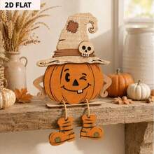 3 Pieces3D Fall Halloween Wooden Pumpkin Gnome Desktop Decoration With Swinging Rope Boots, Witch Hat, Skull, Ghost, Maple Leaf Farmhouse Layered Tray, Perfect For Fall Thanksgiving, Wall Decoration, Party Decoration - 3pcs - View 5