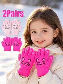 2 Pairs Kids Cute Cartoon Cat Print Knitted Full Finger Gloves, Soft Warm Winter Gloves, Elastic Ribbed Cuff Hand Protection, Suitable For Girls Outdoor Daily Wear - 2Pairs - View 3
