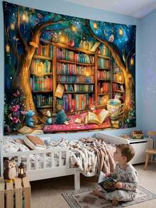 Magic Children's Reading Corner Backdrop Banner - Magic Forest Design With Bookshelves, Animals And Lanterns, Durable Polyester Suitable For Outdoor Parties, Home Decor - Multi-color 1 - View 6