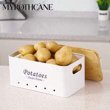 Myrothcane 3pcs Bamboo Lid Potato Onion Garlic Storage Bins, Ventilated Metal Vegetable Storage Containers, Stackable Farmhouse Style Kitchen Countertop Produce Organizer, Suitable For Pantry Storage - White - View 11