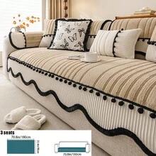 ALPLUME 1pc Asymmetrical Wavy Edge Pom Pom Design Sofa Cover, Soft And Comfortable Fabric, All-Season Universal Sofa Pad, Non-Slip, Wear-Resistant, Pet-Friendly, Short Plush, European Luxury Style, High-End, Timeless, Suitable For Living Room, Bedroom, Office And Other Occasions, Providing Warmth And Comfort For Home Decor - Khaki - View 13