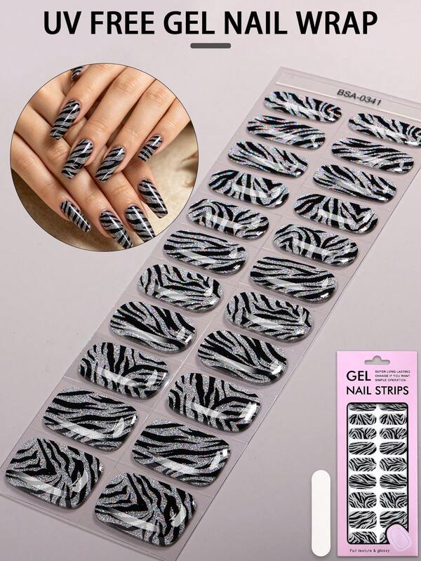22pcs Zebra Print UV Free Gel Nail Wraps, Silver Glitter Self-Adhesive Gel Nail Strips, Perfect For Women's Party Outfits And DIY Nail Art.
