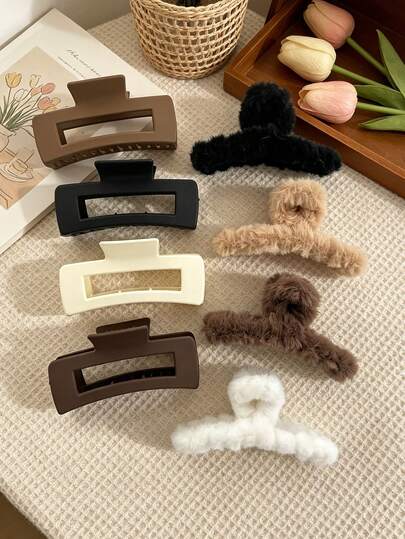 8pcs Women's Claw Clip Set, Minimalist Fashion Fuzzy Cross Claw Clips, 8.5cm Matte Square Claw Clips, Versatile For Daily Commute, Travel, Back Of Head Updo, Hair Claw, Back To School Essential Hair Accessories Set