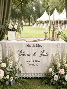 Personalized Linen Table Runner With Floral Lace Trim, Handmade Custom Wedding Banner, Rustic Wedding Table Centerpiece Decor - Multicolor - View 2