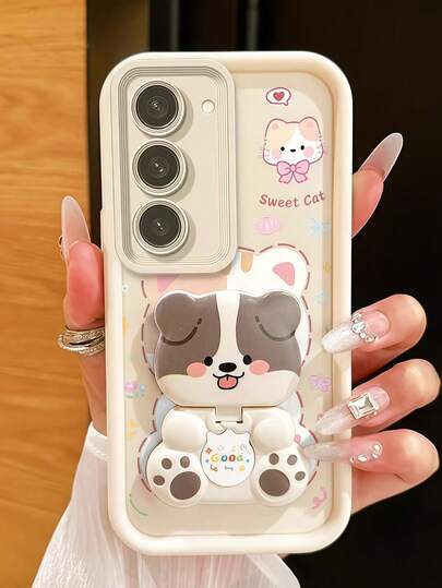 Cute Cat & Puppy Pattern Foldable Mirror Stand With Short Lanyard Stair-Style Frame Dopamine Phone Case, Full Coverage Anti-Drop Protective Cover, Minimalist Design, Soft Cartoon Style, Perfect Protection For Your Phone, Compatible With Honor X7/Galaxy A56 5G/ Smart 8/ Hot 40/Transsion Spark 30C/Spark Go 2024/ Note 14 5G/ E22/E22i/ A54