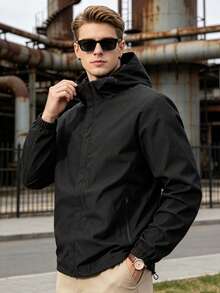 Men's Plus Size Black Casual Hooded Loose Fit Elastic Cuff Zip-Up Jacket - Black - View 1
