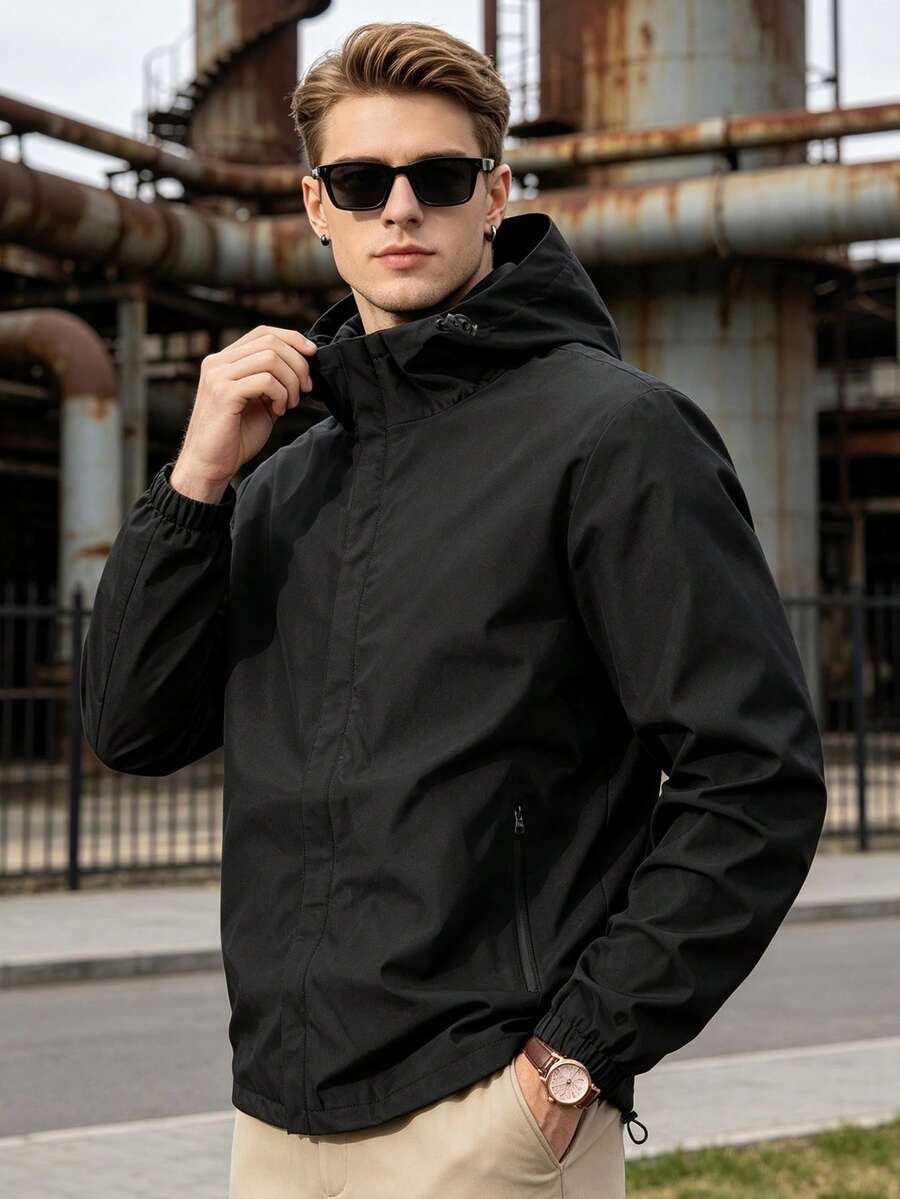 Men's Plus Size Black Casual Hooded Loose Fit Elastic Cuff Zip-Up Jacket - Black - View 1