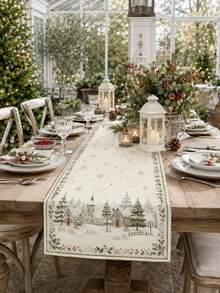 1pc Cream Winter Village Christmas Table Runner, Vintage Linen Rectangular Snow House Pine Tree Snowflake Star Moon Holly Berry Print Tablecloth, Suitable For Dining Table, Kitchen, Buffet, Christmas Dinner, Holiday Party And Winter Home Decor - Multicolor - View 3