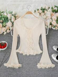 Cardigan Sweater Rajut Bergaris dengan Hiasan Renda Bergelombang, Lengan Panjang Pas Badan, Warna Beige, Atasan Elegan untuk Musim Gugur/Dingin, Cocok untuk Acara Santai dan Pesta. - Aprikot - View 7