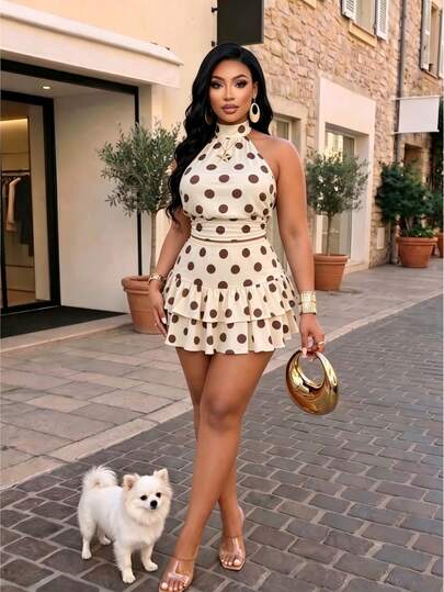 Amarilo Plus Size Sexy Halter Neck Backless Polka Dot 2-Piece Set Women's Sleeveless Cropped Top And Ruffle Mini Skirt Summer